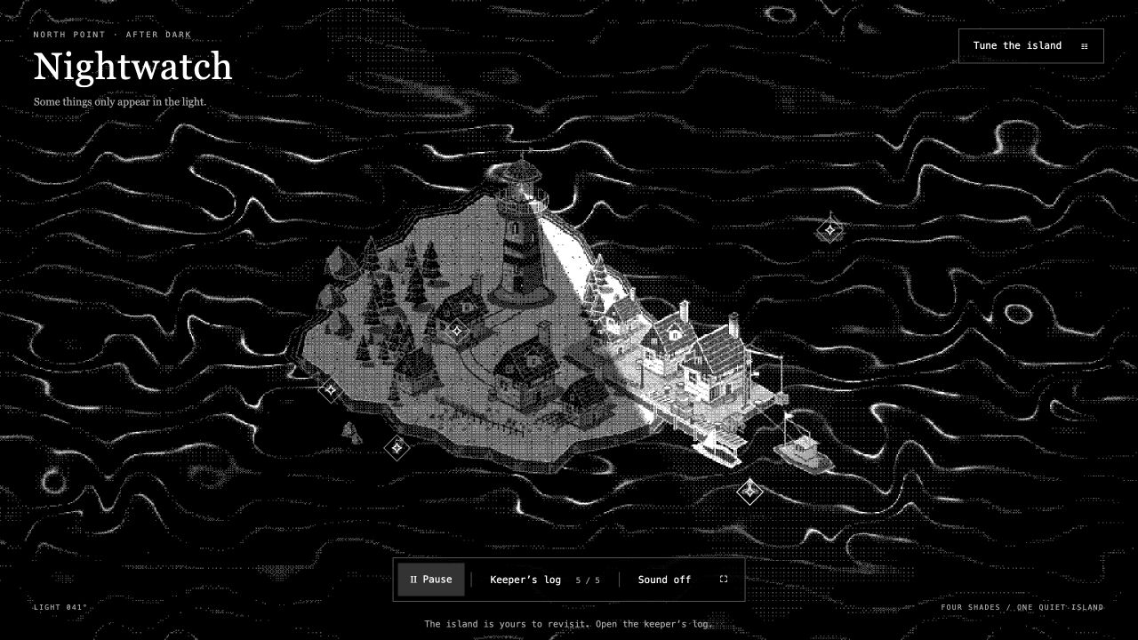 Nightwatch’s lighthouse above a rocky island harbour, surrounded by dark water.